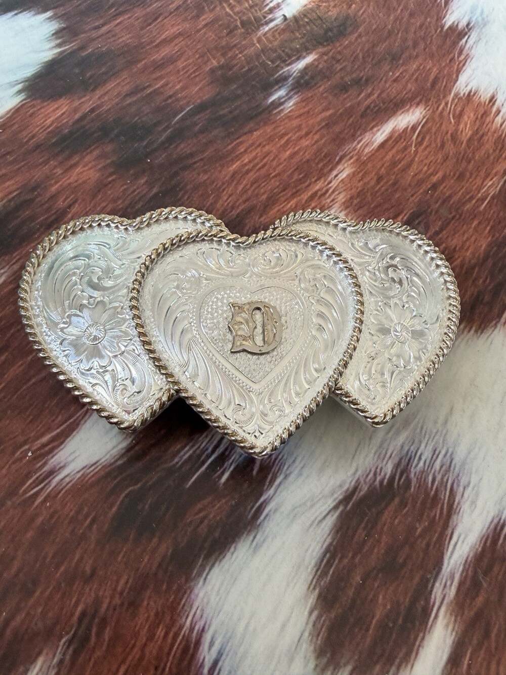 Vintage Silver Plate Montana Silversmiths Triple Heart Initial D Letter Buckle